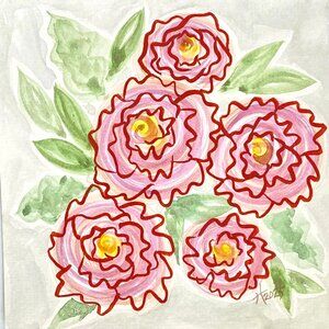 Bouquet Original Watercolor and Ink Painting White Mat 8x8in Frame Ready Art